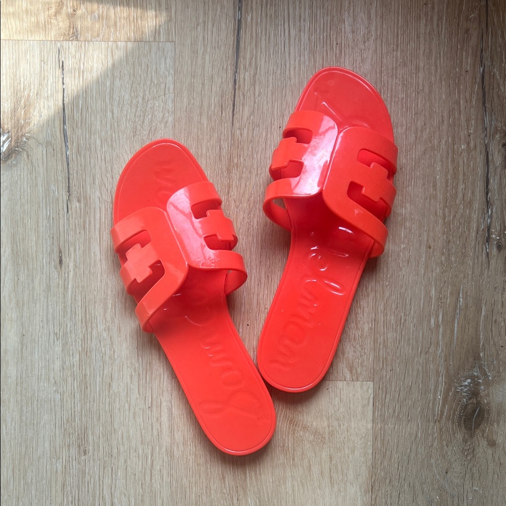 Neon Coral Double-Strap Jelly Slides